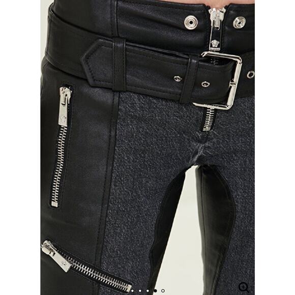 Versace Runway Black Leather Denim Size 42 US 6 Flared Pants Belted NWT $4875 - Picture 5 of 15